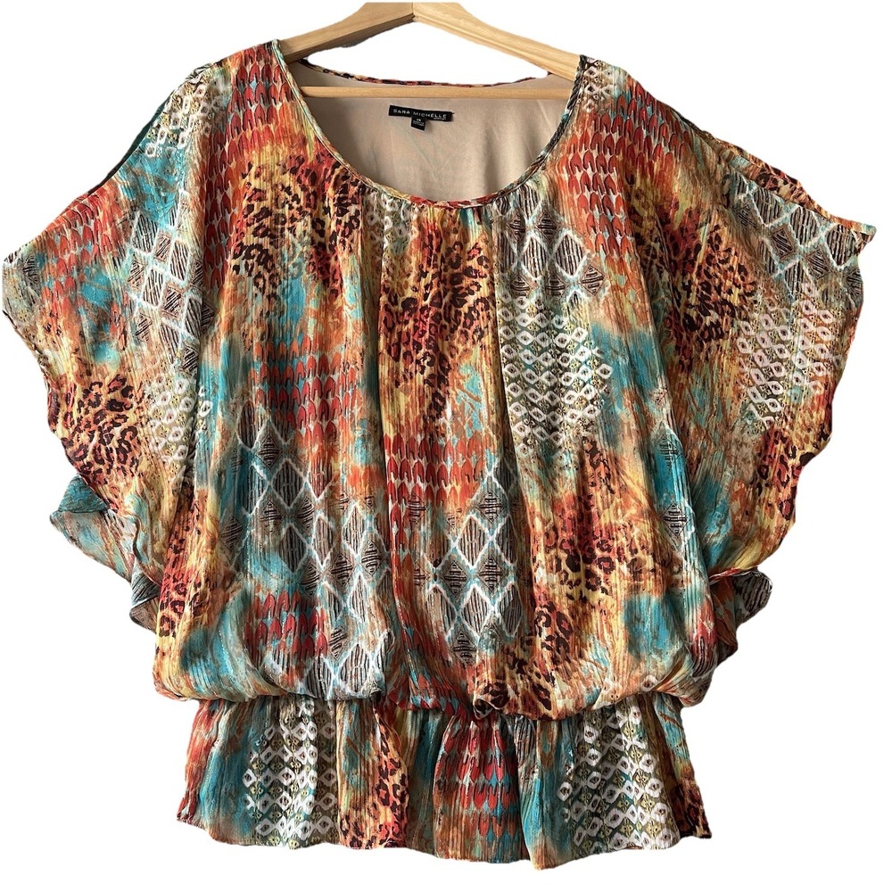 Sara Michelle Blouse Women 1X Multi Animal Geometric Flutter Sleeve Blouson Boho